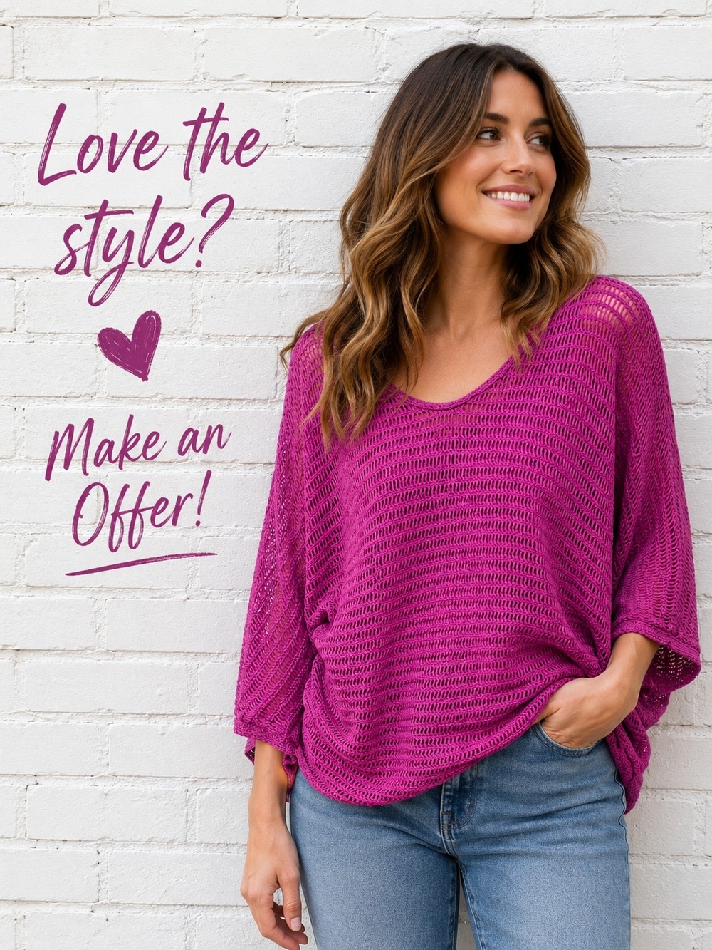 New Directions Open Knit Batwing Dolman Top Magenta Pink Small Boho